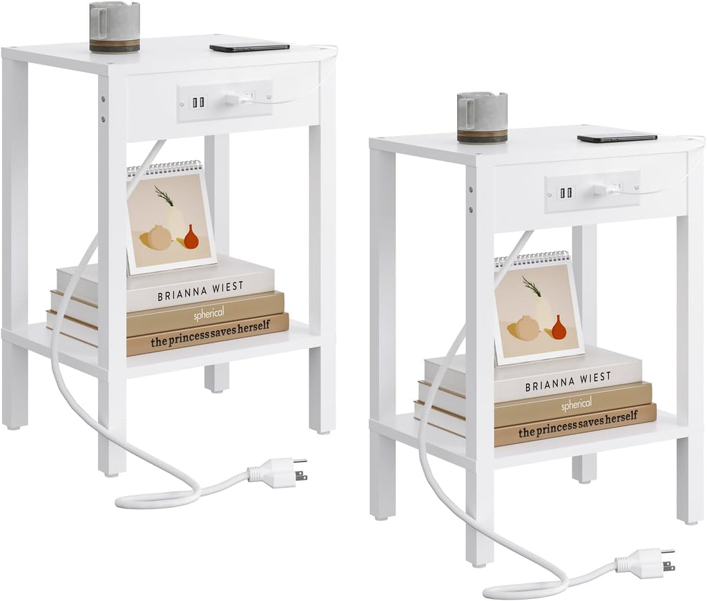 MMEOLUOOK End Table with Charging Station, Sofa Side Table Set of 2, 2-Tier Storage Shelf for Small Space, Nightstands for Living Room Bedroom Bedside Tables White MLBZ14WE-2