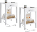 MMEOLUOOK End Table with Charging Station, Sofa Side Table Set of 2, 2-Tier Storage Shelf for Small Space, Nightstands for Living Room Bedroom Bedside Tables White MLBZ14WE-2