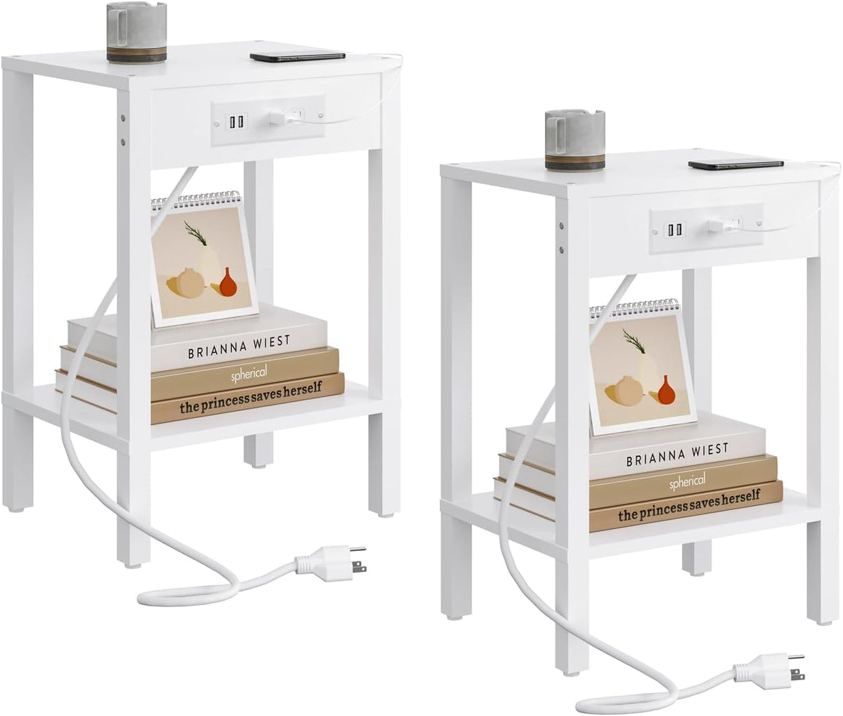 MMEOLUOOK End Table with Charging Station, Sofa Side Table Set of 2, 2-Tier Storage Shelf for Small Space, Nightstands for Living Room Bedroom Bedside Tables White MLBZ14WE-2