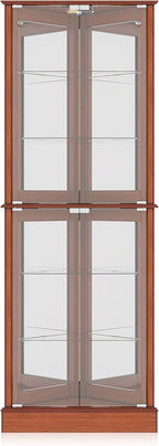 BELLEZE Lighted Corner Display Curio Cabinet Wooden Shelving Unit with Tempered Glass Door, Bar and Liquor Storage Area with 6 Shelves - Woody (Oak)