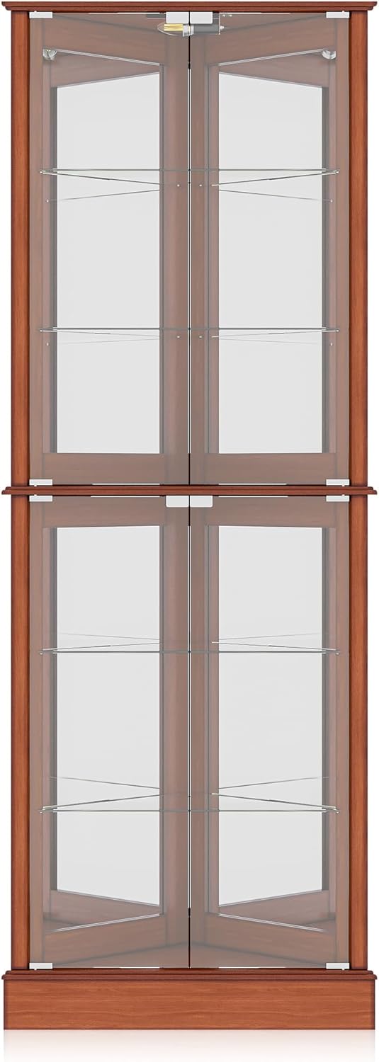 BELLEZE Lighted Corner Display Curio Cabinet Wooden Shelving Unit with Tempered Glass Door, Bar and Liquor Storage Area with 6 Shelves - Woody (Oak)