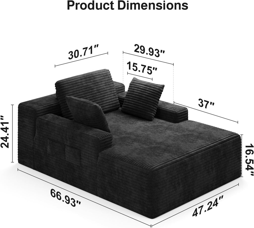 Ahomly 67" Chair, Chaise Lounge Chair Indoor with 3 Pillows, Black | No-Assembly Corduroy Chaise Lounge;Oversized chaise lounge with Side Pockets;Pet-Friendly Fuzzy Reading Chair