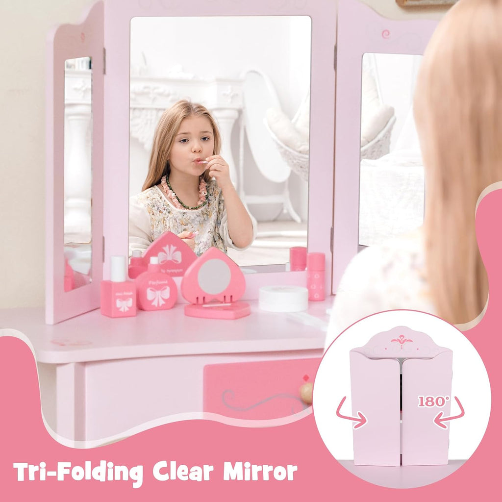 INFANS Kids Vanity, 2 in 1 Wooden Princess Makeup Table and Stool Set with Tri-Folding Detachable Mirror 10 Accessories, Toddler Pretend Beauty Dressing Play for Girls Aged 3+