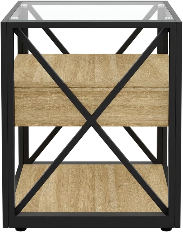 End Table Set of 2, Natural Wood MDF with Tempered Glass Top and Drawer | Industrial-Style Nightstands with Drawer Storage for Bedrooms and Living Rooms; Coordinating Side Table Pair