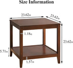 Side Table, Solid Wood Square End Table with Storage Shelf, 2-Tier Coffee Table for Living Room, Rubber Wood Small Sofa Table, Nightstand 23.62 H x 23.62 W x 23.62 D Inches (Walnut)