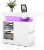 Verano Garden LED High Gloss End Table with Charging Station, Sofa Side Table with Drawer and Adjustable Shelf, Wood Bedside Table Nightstand with LED Light, Modern Side Table for Living Room, Bedroom