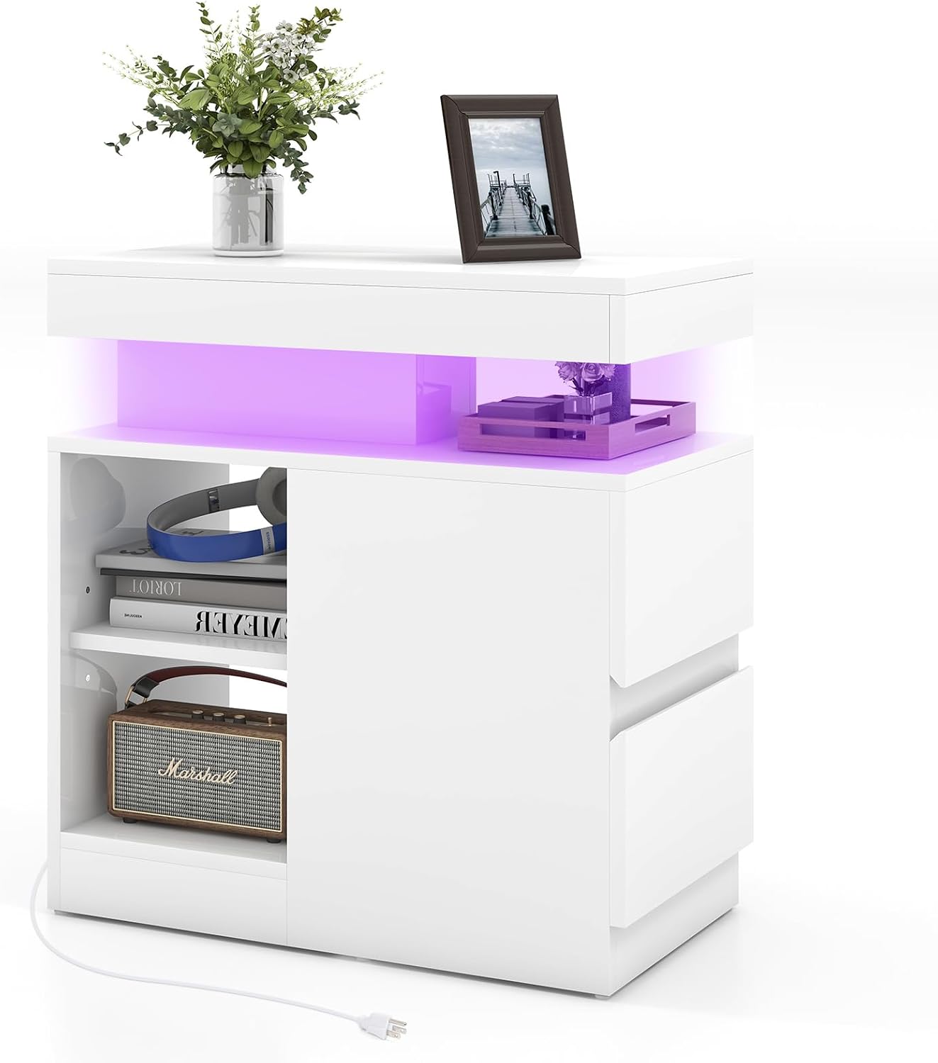 Verano Garden LED High Gloss End Table with Charging Station, Sofa Side Table with Drawer and Adjustable Shelf, Wood Bedside Table Nightstand with LED Light, Modern Side Table for Living Room, Bedroom