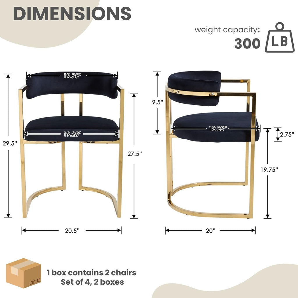 Black Velvet Upholstered Dining Chairs Set of 4, Modern Barrel Dining Chair with Gold Legs, Kitchen Chairs Open Back Accent Chairs Arm Side Chair for Living Dining Room/Vanity