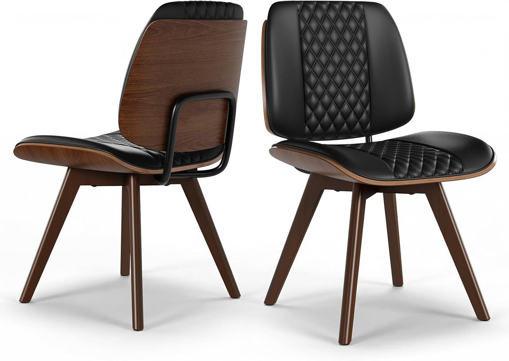 BV Dining Chairs Set of 4, PU Leather Armless Kitchen Chair in Modern Walnut Style, Mid Century Bentwood Side Chair with Wood Legs, Retro Accent Guest Chair for Kitchen Dining Room(Black)
