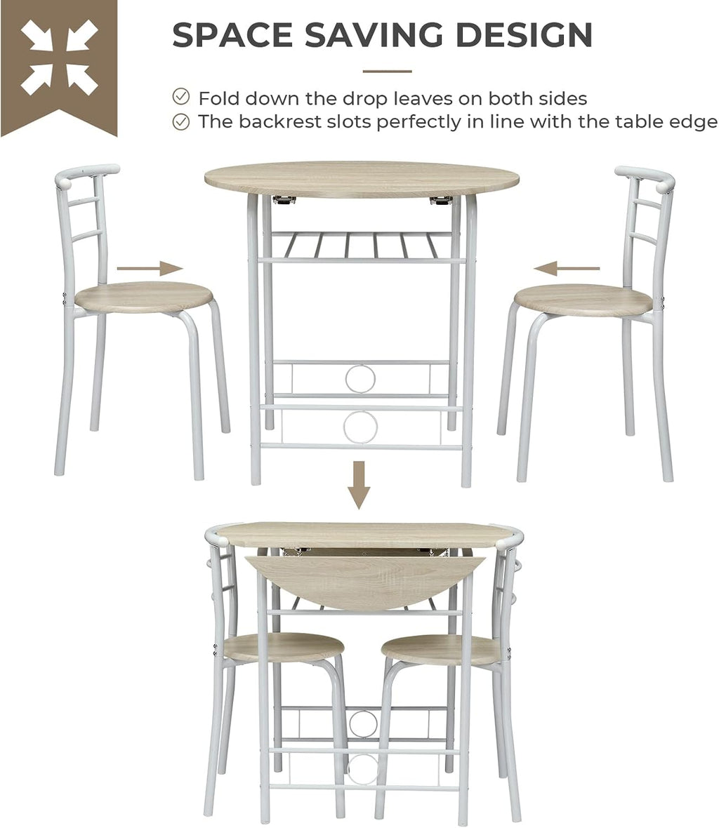 VINGLI 31.5" Drop Leaf Dining Table Set for 2, 3 Pieces Dining Table with Chair for Small Space, Small Kitchen Extendable Folding Dining Table for Dining Room，Home, Apartment, Saving Places, White Oak