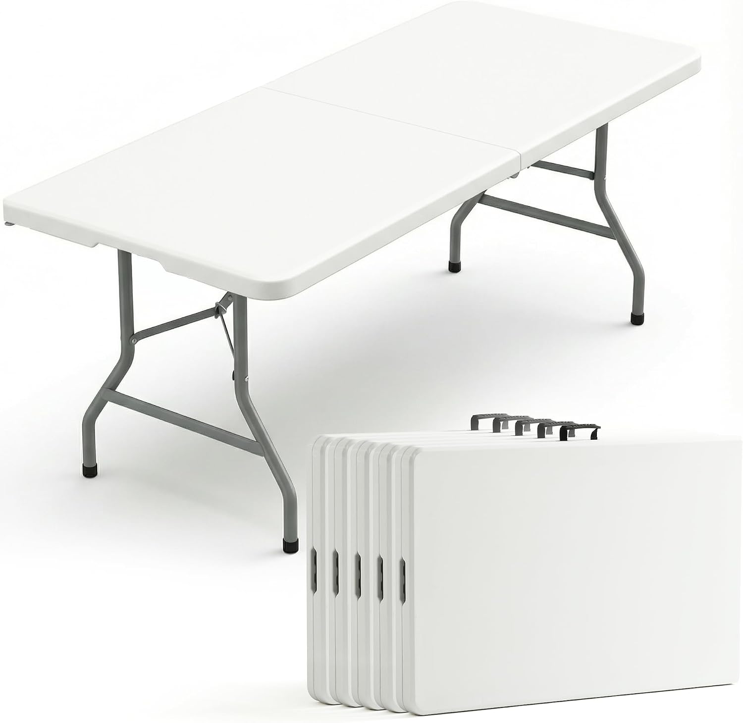 5 Pack of 6 Foot Foldable Table with Built in Handle & Steel Legs | 6FT Portable Heavy Duty Plastic Folding Tables for Party, Dining, Wedding, Events, Picnic, Indoor & Outdoor, Camping, Utility
