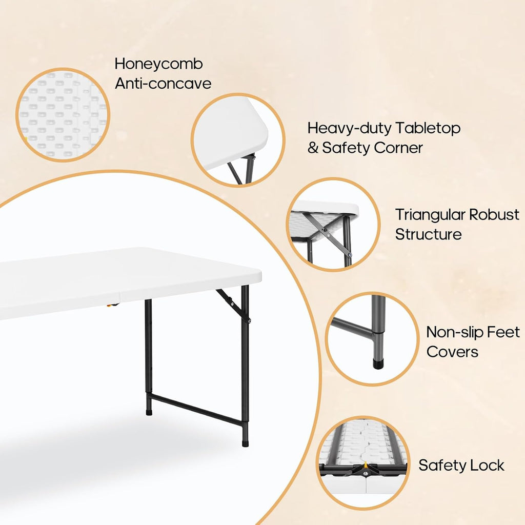 4ft Folding Table with Adjustable Height, 3-Level Foldable Table with HDPE Top & Steel Legs, Portable 4 Foot Folding Table for Picnic, Party, Craft, Indoor Outdoor Use, White