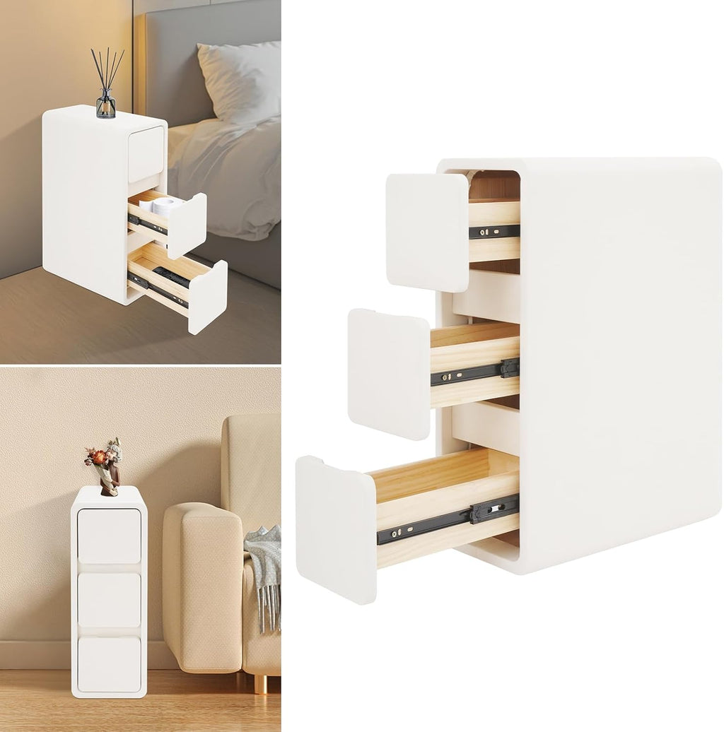 Solid Wood End Table, Narrow Bedside Table with 3 Drawers w/Leather Surface for Bedroom, Small Spaces, Living Room, Off-White