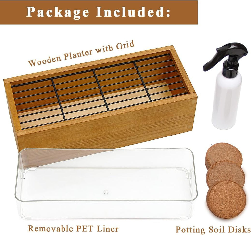 Wooden Cat Grass Planter (no Seeds Included) with Potting Soil Disks, Anti-Digging Grid and Removable Plastic Liner, Wheat Grass Growing Pot, Cat Grass Kit for Indoor Cats Pets (Aged Yellow)