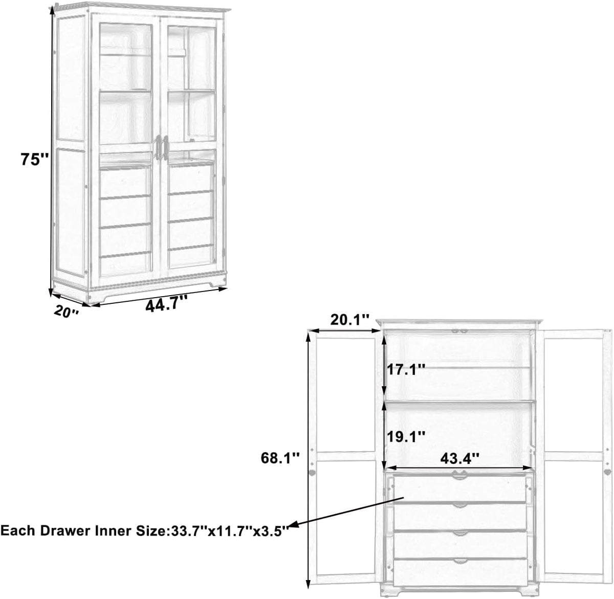 44.7" Wide Pine Wood Kitchen Pantry Cabinet with Glass Doors 4 Drawers and Shelf Freestanding Farmhouse Storage Cabinet for Kitchen Dining Living Room Display Organizer Natural