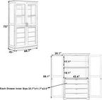 KUIKUI Kitchen Pantry Storage Cabinet, Pantry Cabinets for Kitchen Storage with Glass Doors and 4 Drawers, Natural, 44.7”L x 20”W x 75”H