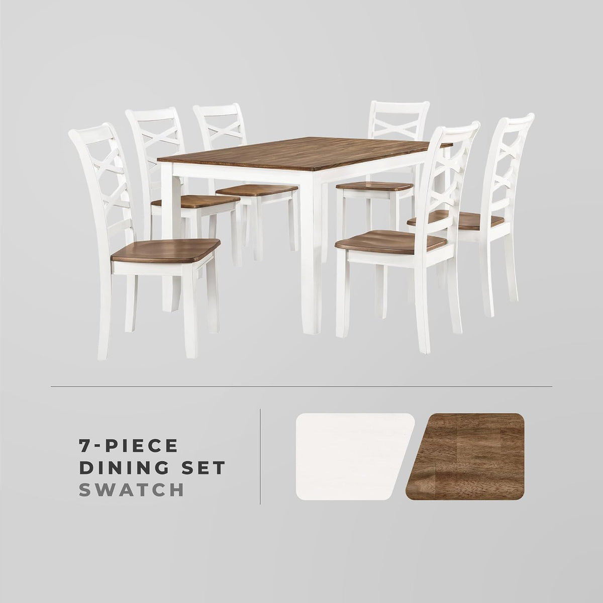 Lexicon 7-Piece Dining Set, Wooden Dining Table and 6 Chairs, Cherry/White | Farmhouse Dining Set, Rectagular Table, Cross Back Chairs, Easy Assembly Seater for Indoor Home, Dinner, Kitchen, 2-Tone
