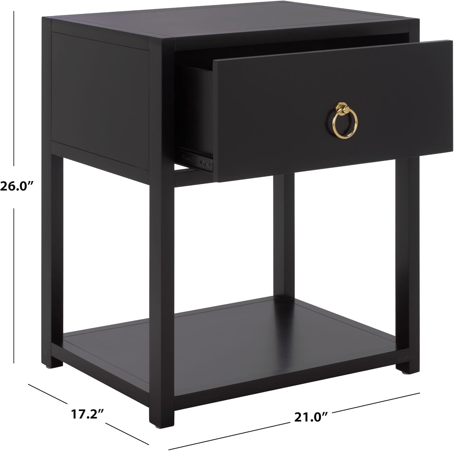 SAFAVIEH Furniture - Sadie 1-Drawer Nightstand - Black - Wood - Glam Gold Hardware Design - Ideal for Bedroom, 21" W x 17.2" D x 26" H - Fully Assembled (NST9201E)