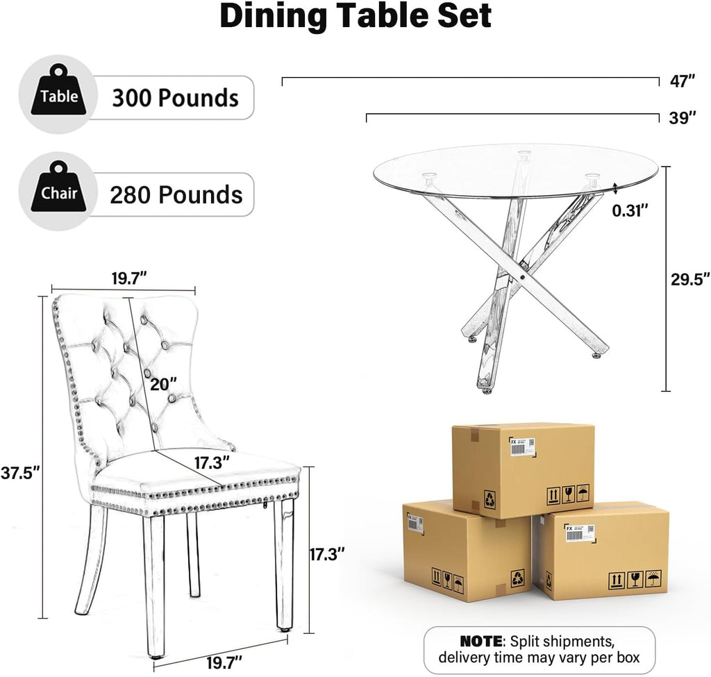 yeag 39'' Modern Round Dining Table Set for 4, Tempered Glass Top & Square Tube Crossed Metal Legs, with 4 Velvet Upholstered Tufted Chairs (Gold & Black)