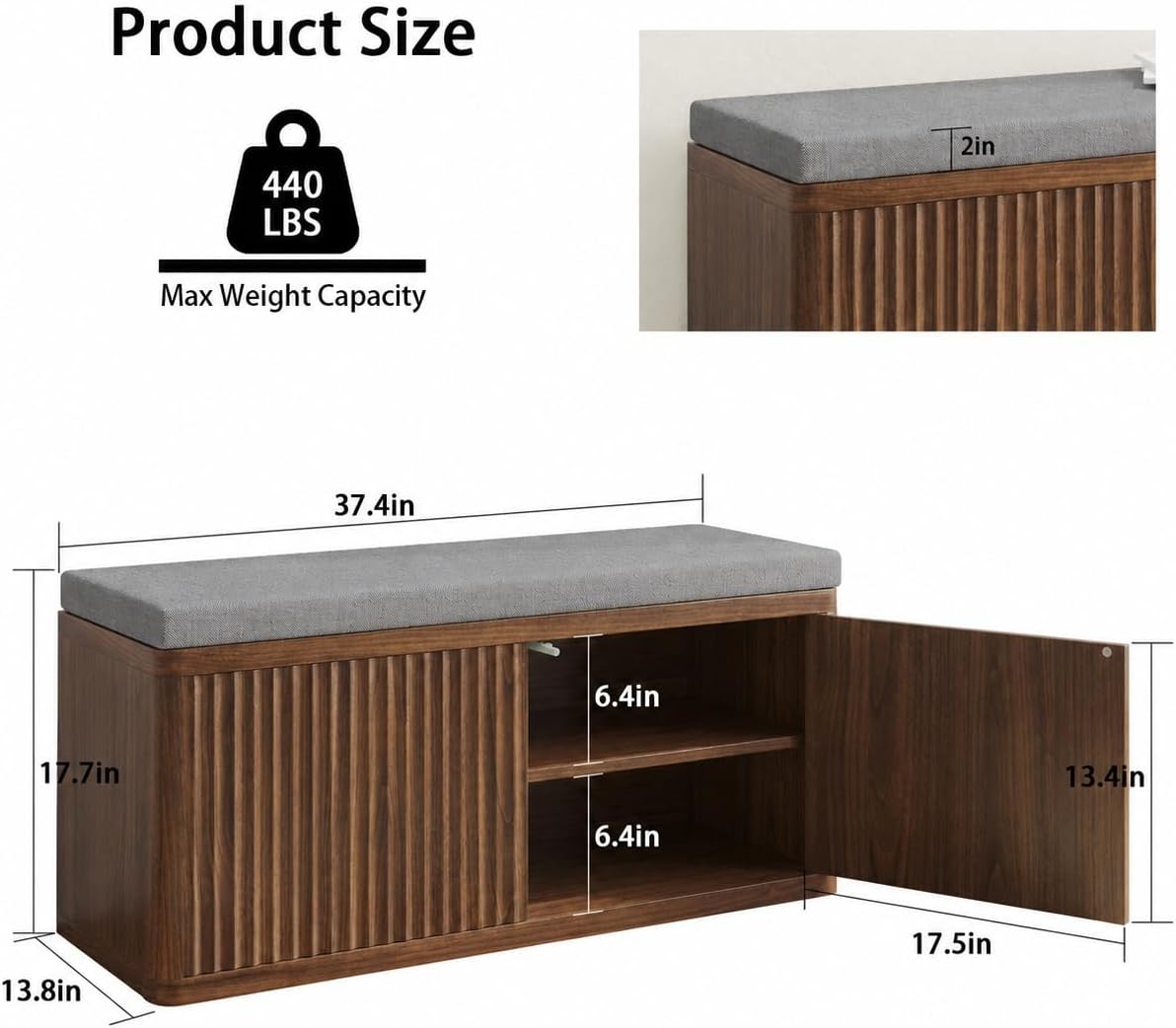 Entryway Shoe Storage Bench with 2" Cushion, 37.4" Small Bench with Shoe Rack, Cabinet Organizer for Hallway, Bedroom End of Bed (Walnut)