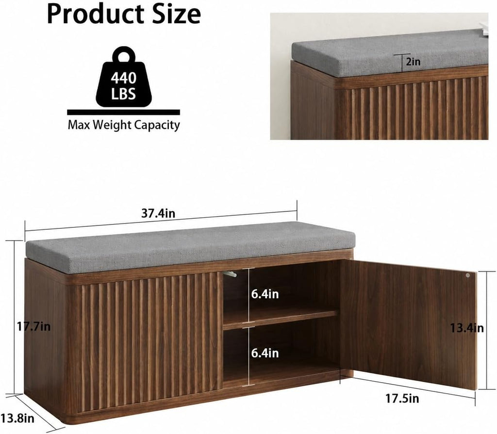 Shoe Cabinet Bench with Cushion,Double Layered Wooden Shoe Bench with Soft Cushion,Shoe Rack for Entryway,Bedroom,Living Room (Walnut Sturdy Entryway Bench)