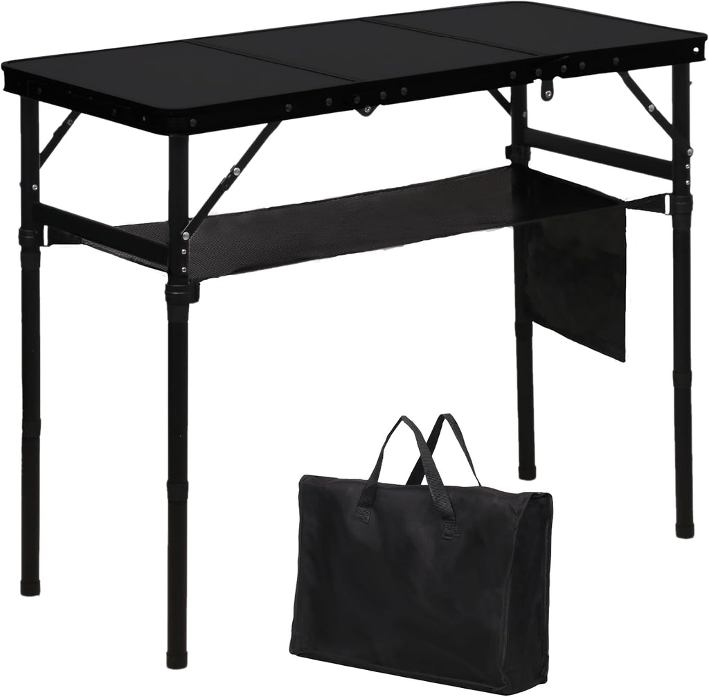 LOFTEY 3 ft Folding Camping Table, Portable Camp Table, Adjustable Height | 3 Height Settings up to 27.5", 70 lb Capacity, Compact Tri-Fold, Lightweight with Carry Bag, Mesh Pocket and Hooks