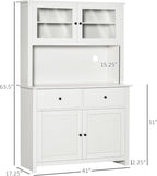 HOMCOM 63.5" Kitchen Buffet with Hutch, Pantry Storage Cabinet with 4 Shelves, Drawers, Framed Glass Doors, Open Microwave Countertop, Antique White