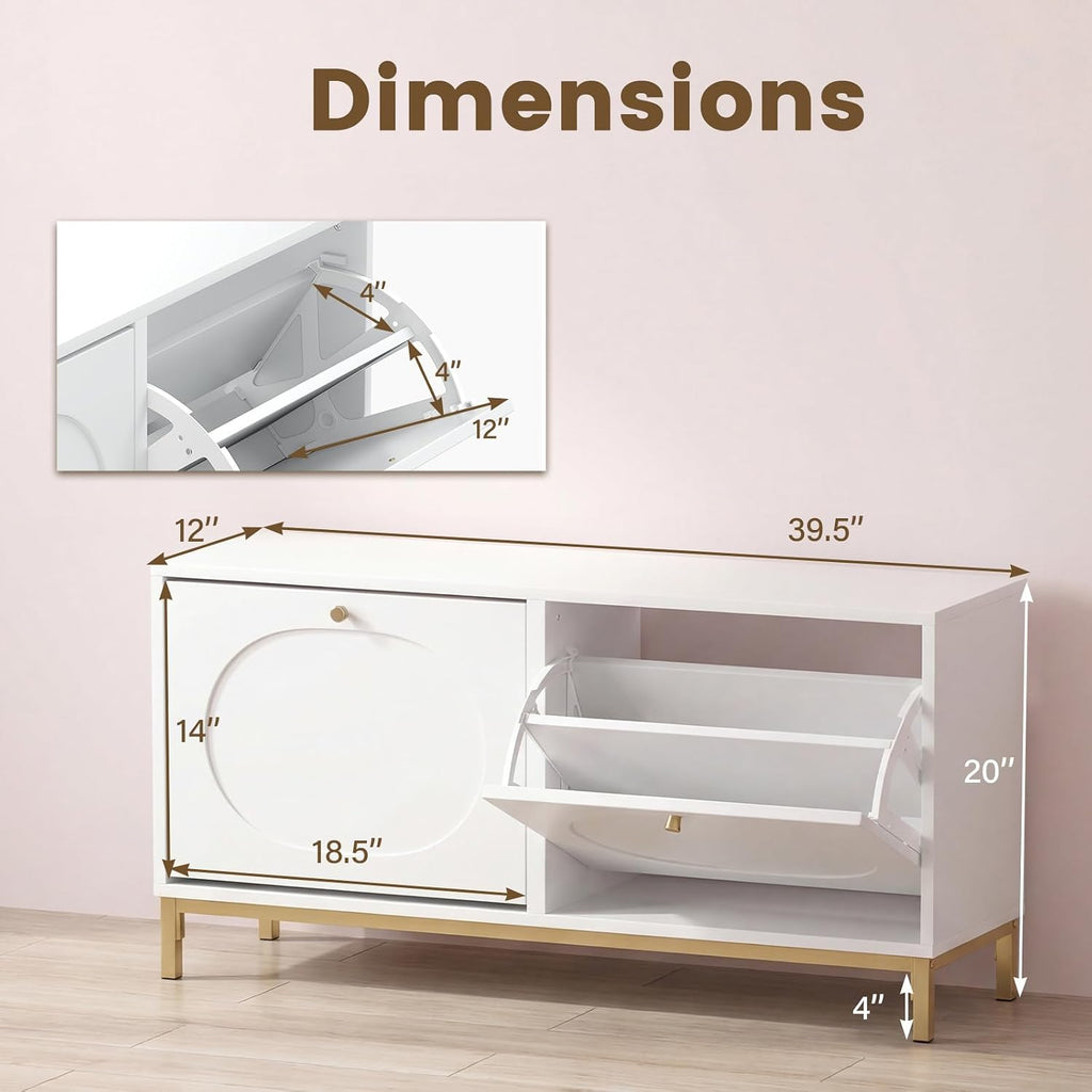 GOFLAME Shoe Storage Bench, Narrow Entryway Bench with 2 Flip Drawers, Adjustable Shelves and Metal Legs, Modern Shoe Rack Organizer, Shoe Cabinet for Hallway, Living Room, Bedroom