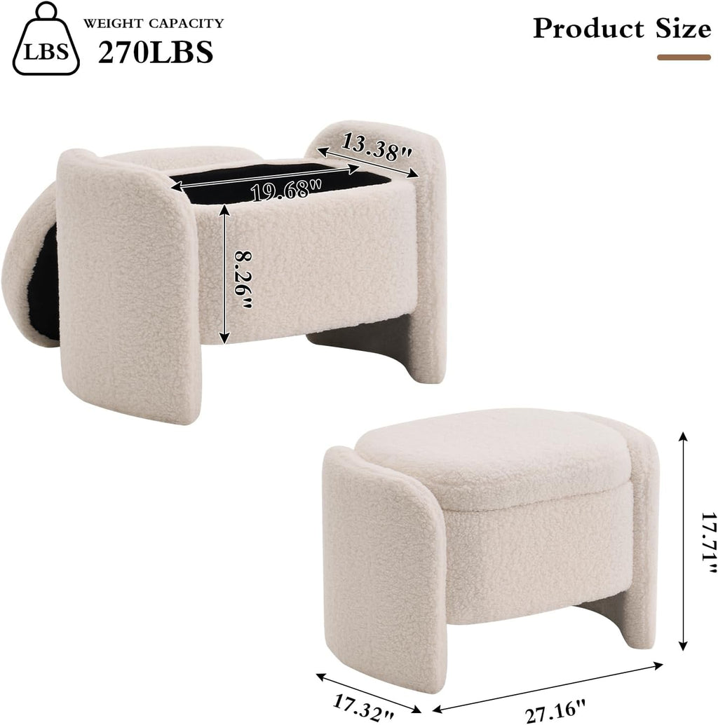 Storage Bench with Lamb Fleece Fabric, Vanity Stool Chair, Upholstered Ottoman with Small Hidden Storage for Bedroom, Living Room, Entryway, No Assembly Required, Beige