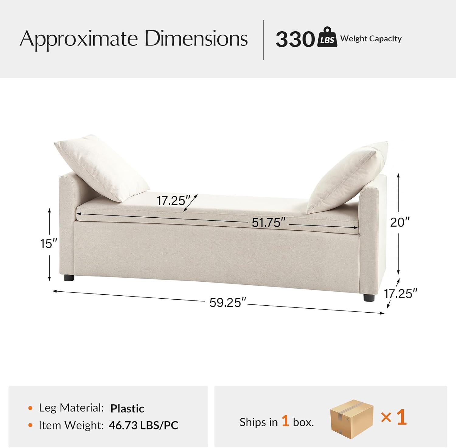 59.5" Modern Storage Ottoman Bedroom Bench, End of Bed Bench with Arms and Throw Pillows, Footrest Stool for Living Room, Dining Room, Entryway and Hallway, Linen