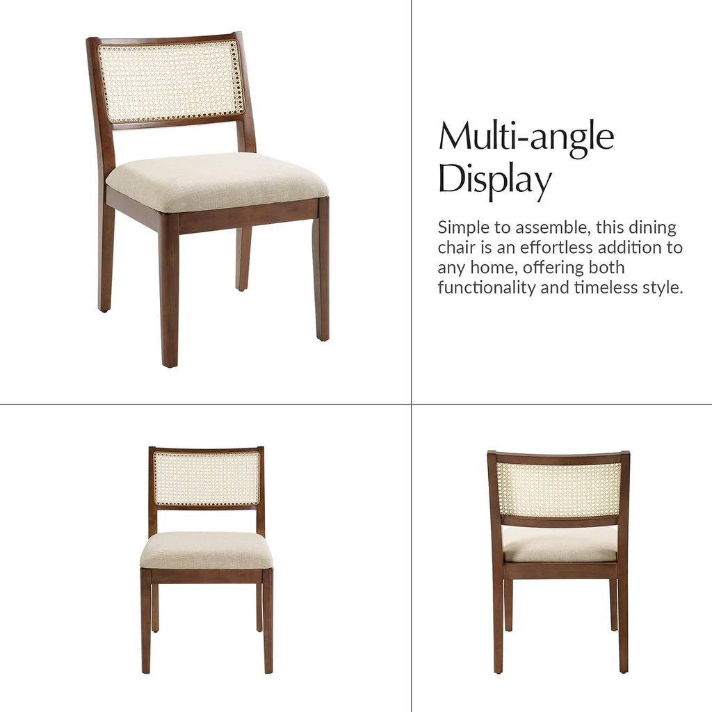 HULALA HOME Rattan Dining Chairs Set of 2, French Solid Wood Kitchen Dining Room Chairs with Curved Back, Upholstered Accent Dinner Cane Chair for Living Room Restaurant, Walnut