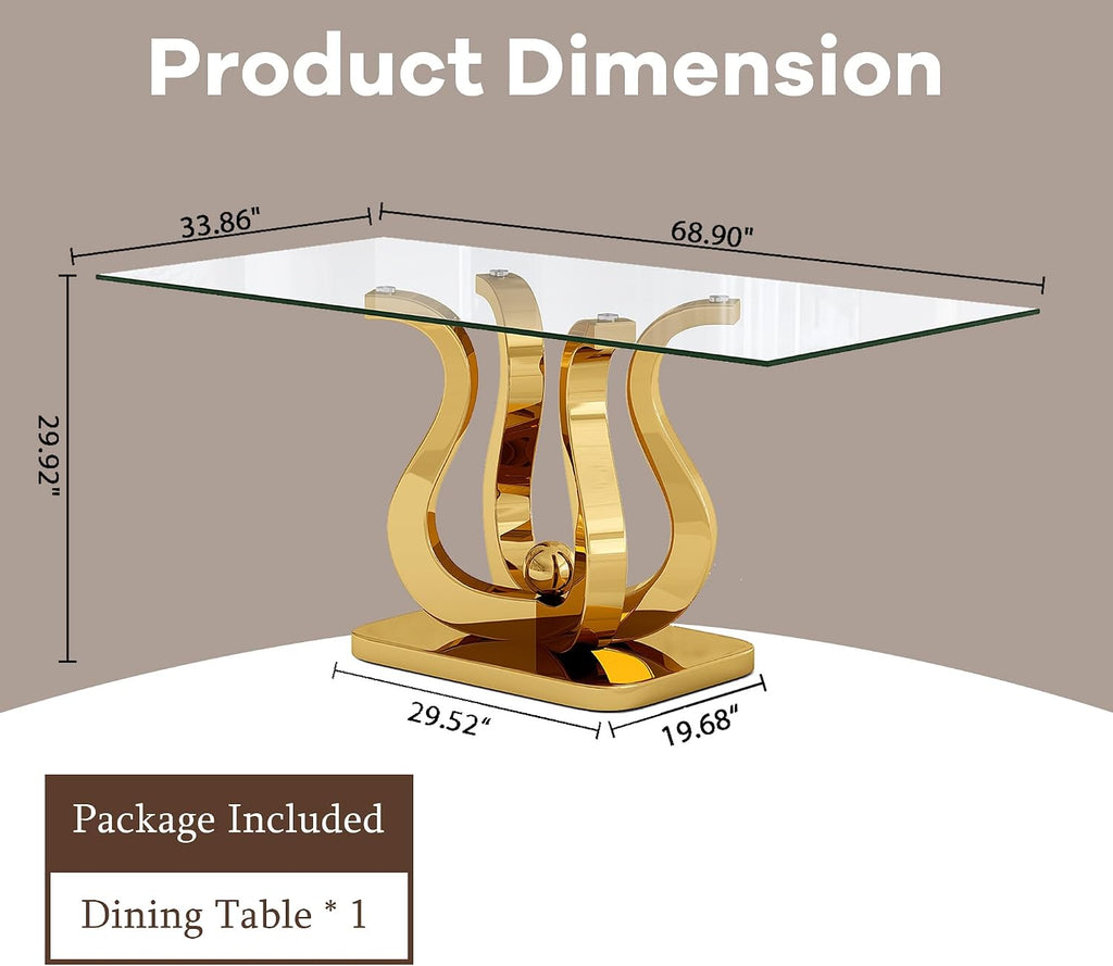 69" Glass Dining Table for 4-6, Luxury Rectangular Kitchen Table with Tempered Glass and Gold Petal-Shaped Base for Dining Room, Living Room