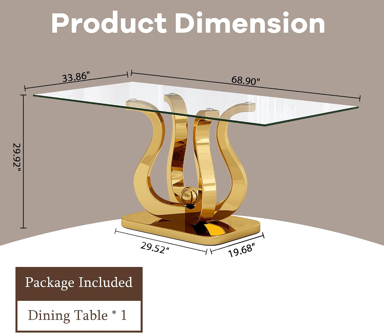 69" Glass Dining Table for 4-6, Luxury Rectangular Kitchen Table with Tempered Glass and Gold Petal-Shaped Base for Dining Room, Living Room