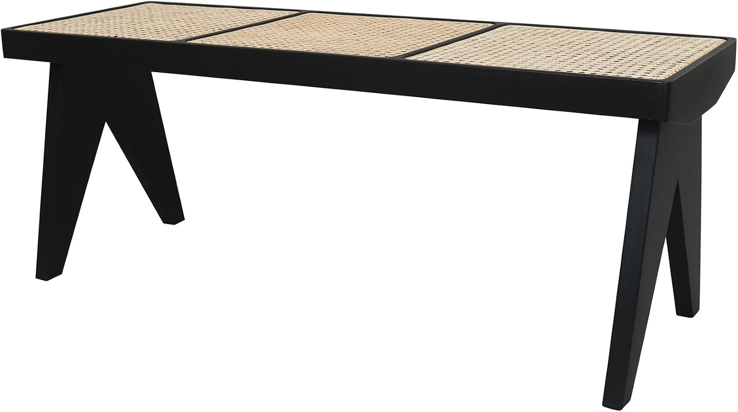 East at Main Black Wood Cane Bench for Entryway, Bedroom, or Living Room – Woven Rattan Seat, Boho Accent Bench for Hallway or Foot of Bed – 45” Long, Easy Assembly