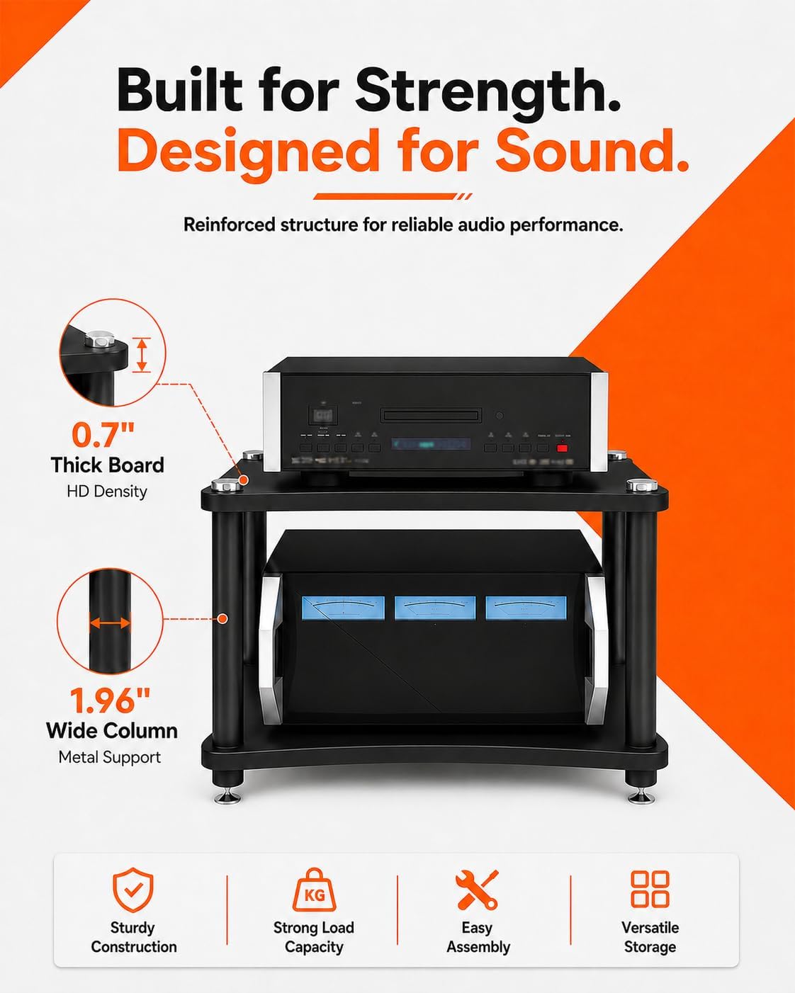 Heavy Duty 2-Tier AV Media Stand, 176 lb Load Capacity, Black | anti-vibration feet that help reduce resonance for clearer sound, open ventilation, cable management, Built for Hi-Fi systems