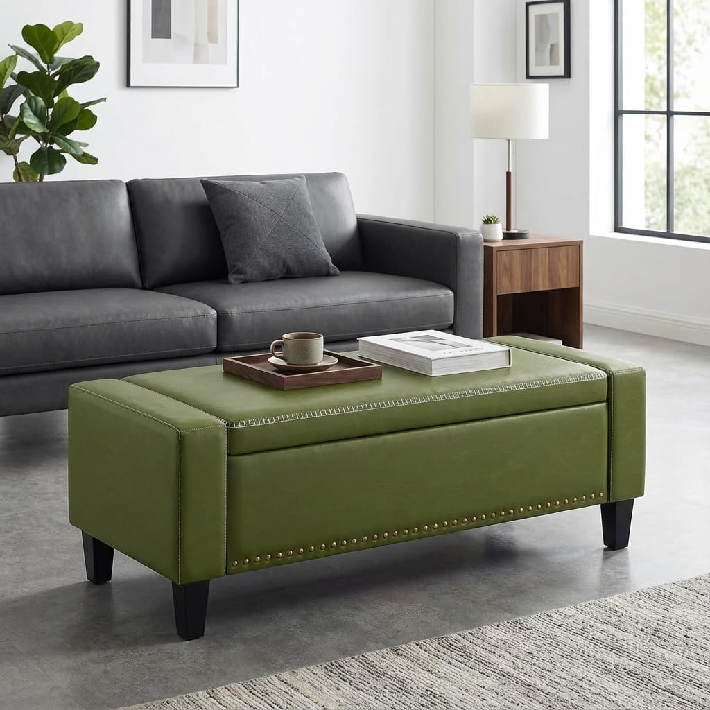 AKMAKM 49''W Storage Ottoman Bench, 30 Gallons End of Bed Bench, Faux Leather, Mid Century Modern, Upholstered Bench with Storage and Seat for Entryway, Living Room, Holds up to 350 lb, Green