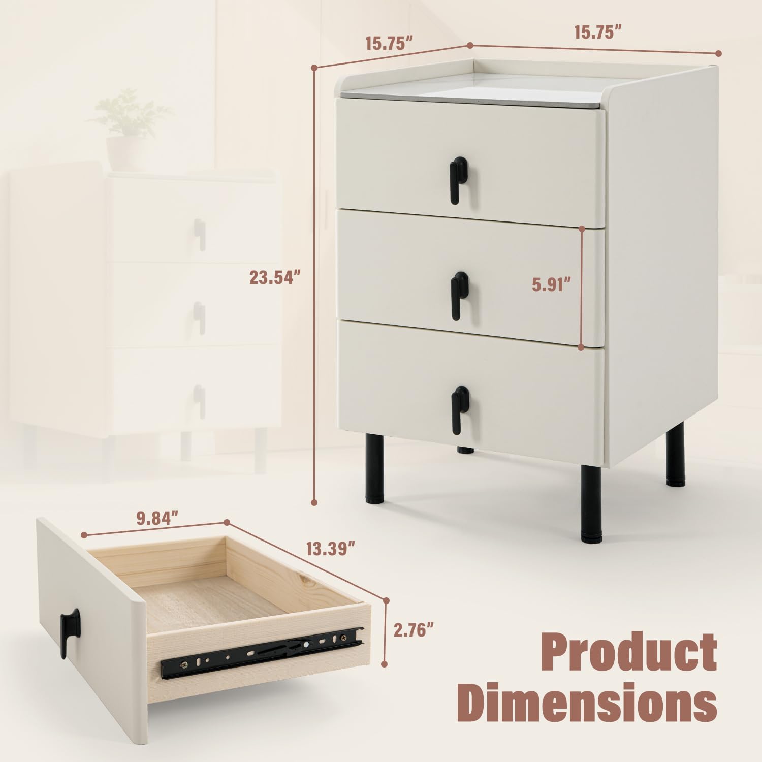 Lamberia Narrow Nightstand with 3 Drawers, Narrow Side Table, Small Bedside Table for Bedroom, Living Room, End Table for Small Space, Cream White，15.8''W x 15.8" D x 23.5" H