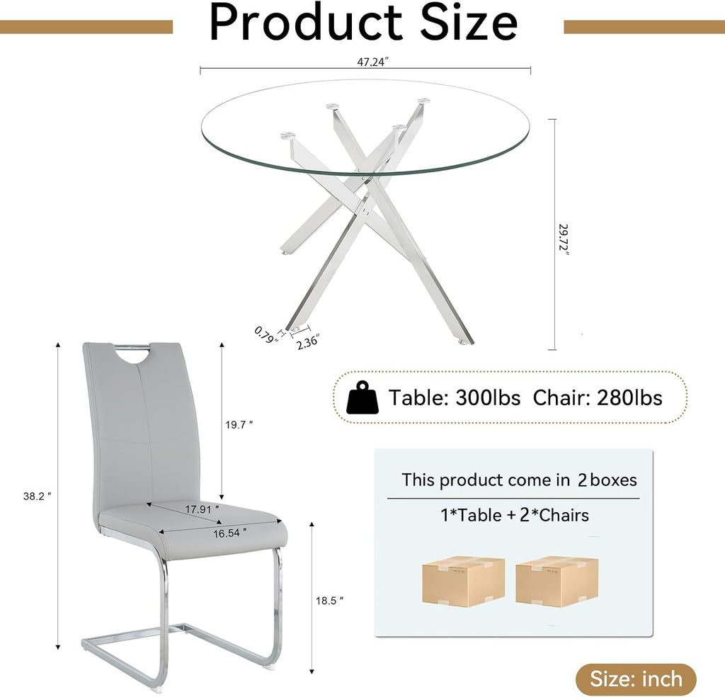 47.25 Inch Round Glass Dining Table Set for 2, Modern 3 Piece Dining Room Table Set with 2 Grey Leather Upholstered Chairs, Glass Kitchen Table and Chairs Set with Silver Metal Legs for Dining Room
