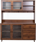 Kitchen Pantry Cabinet with Hutch, 4 Drawers, Glass Doors, Adjustable Shelves, and Open Storage, Freestanding Sideboard for Dining Room or Living Room