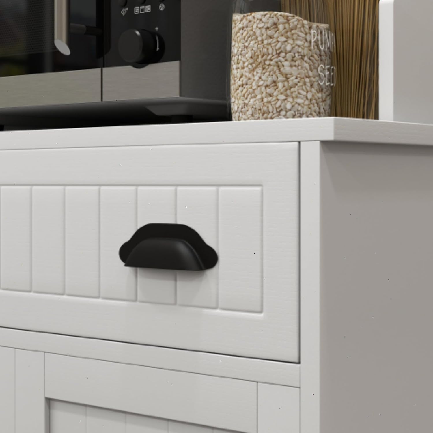 49" Kitchen Microwave Cabinet/Stand with Storage and Drawers, Pantry Storage Cabinet with Hutch & Adjustable Shelves for Kitchen, Dining Room, Living Room, Hallway in White