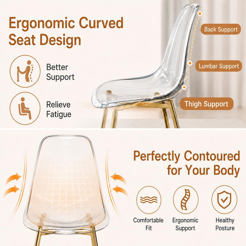 JUFU Acrylic Dining Chairs Set of 6, Modern Clear Chairs with Transparent Seat, Ergonomic Acrylic Side Chairs with Gold Metal Legs for Dining Room, Kitchen, Living Room