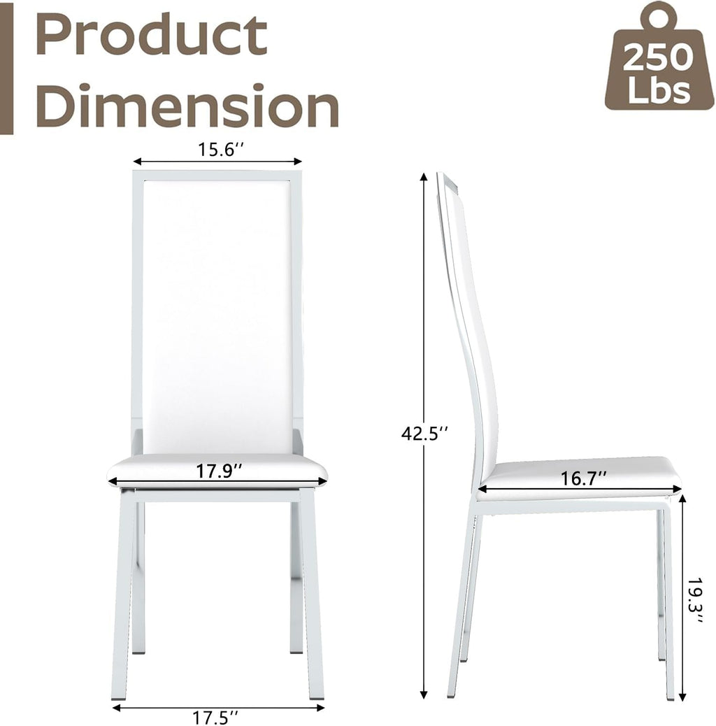 Modern Dining Chairs Set of 6, White Faux Leather with Chrome Silver Metal Legs, Curved High Back Design & Cloud Cushioning, Mid-Century Kitchen Chairs with Non-Slip Feet (Easy Assembly)