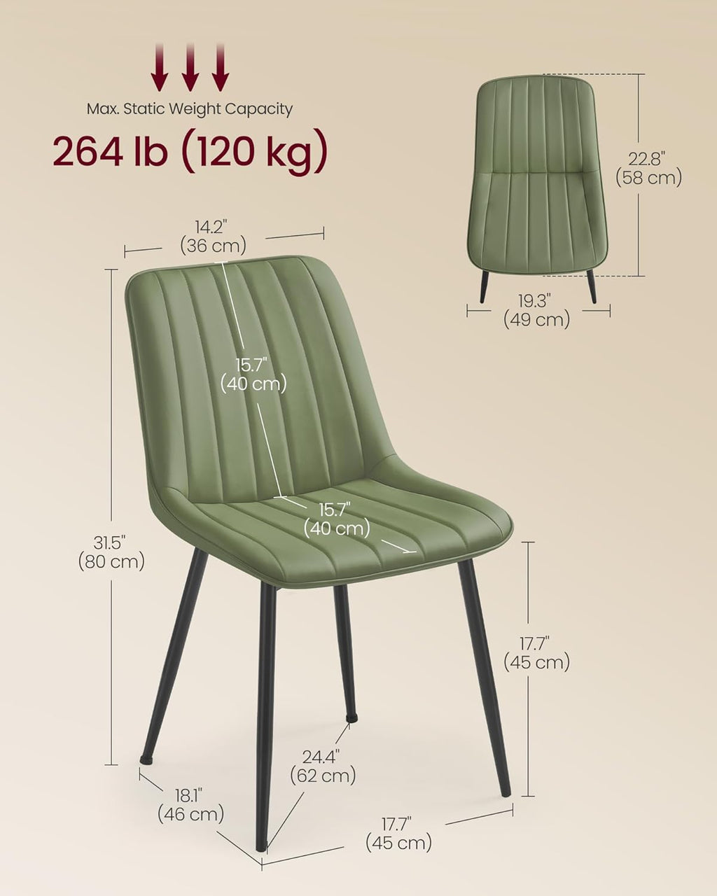 VASAGLE Dining Chairs Set of 2, Upholstered Kitchen Chairs, PU Leather | Steel Legs, Curved Backrest, for Dining Room, Forest Green and Ink Black ULDC090CH02