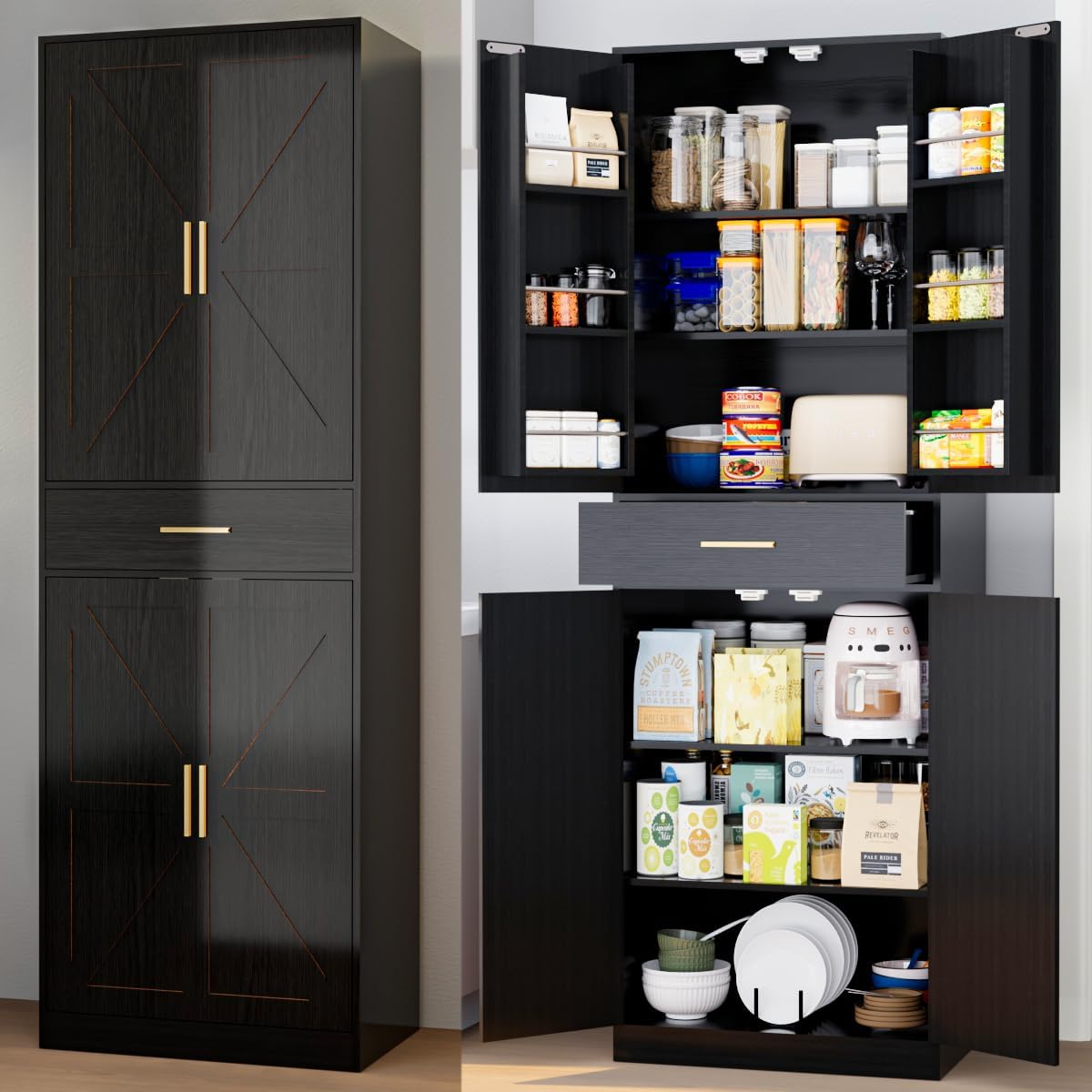 71" Tall Kitchen Pantry Storage Cabinet with 4 Doors & Drawer, Adjustable Shelves, Farmhouse Cupboard, Freestanding Cabinet with Door Shelves for Dining Room/Living Space, Black