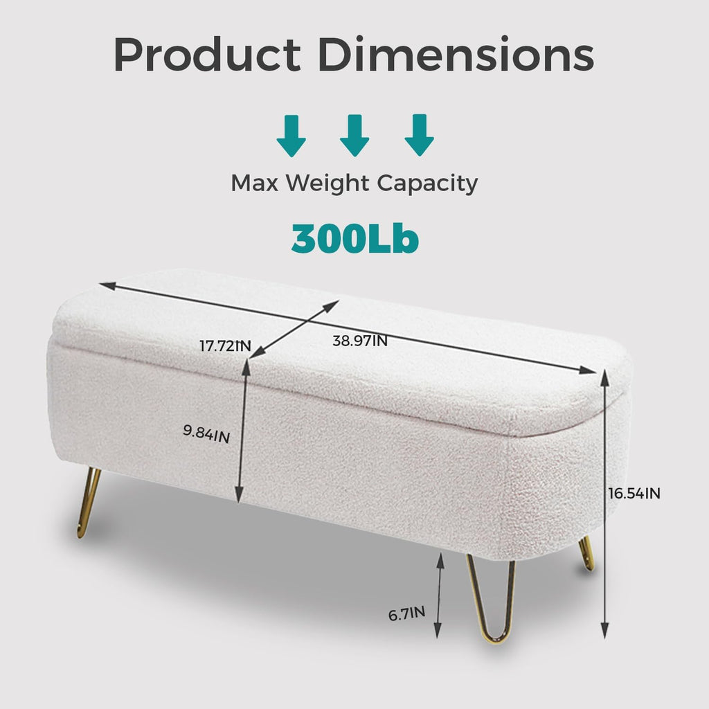 Boucle Storage Bench, Small End of Bed Bench for Bedroom, Entryway Bench with Storage, Sherpa Upholstered Ottoman Foot Rest for Living Room, Gold Legs, Cream