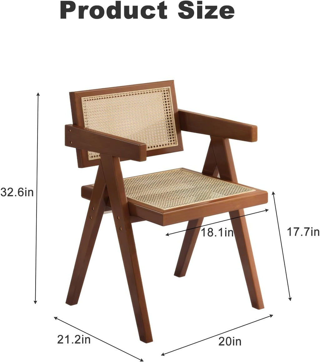 Mid Century Dining Chairs Set of 2, Rattan Accent Armchairs for Living Room, Kitchen, Patio, Brown Wooden Chairs