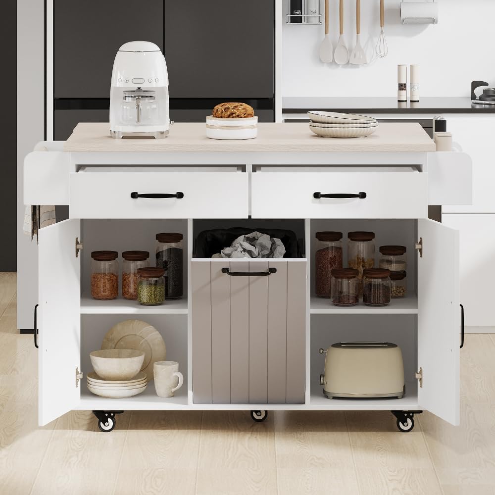 ZOEDO K&K Kitchen Island with Trash Can Storage Cabinet, Kitchen Cart with Drop Leaf, Spice Rack, Towel Rack and Drawer, Rolling Kitchen Island on Wheels with Adjustable Shelf, White