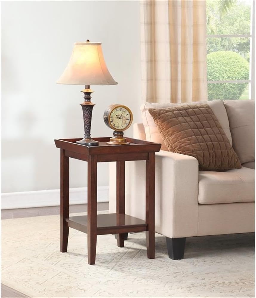 Pemberly Row Modern End Table, Espresso Wood Finish, 26" H x 18" W x 18" D, Solid Rubberwood Construction, Raised Tray Top with Bottom Shelf, Tapered Legs, Indoor Living Room Furniture