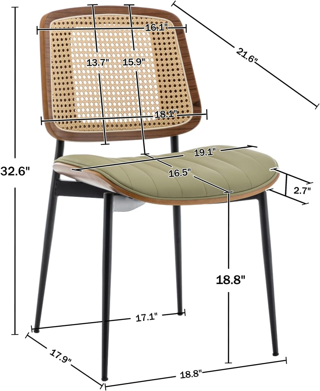 Rattan Dining Room Chairs Set of 4,Mid Century Modern Green PU Leather Kitchen Chair,Upholstered Seat Metal Legs Chairs with Adjustable Foot Pads,Walnut Armless Side Chairs
