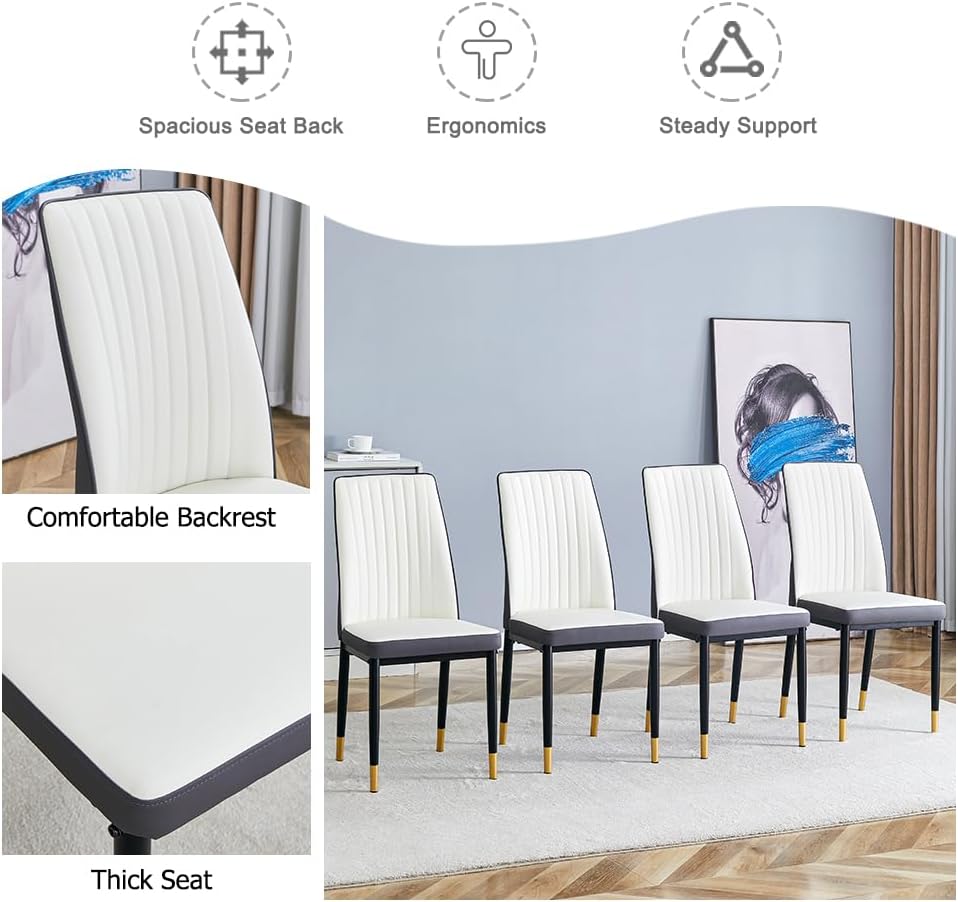 Modern Dining Table Set for 6, Marble Kitchen Table Chair Set for 6, Rectangular Kitchen Table with 6 Pu Leather Upholstered Chair for Dining Room